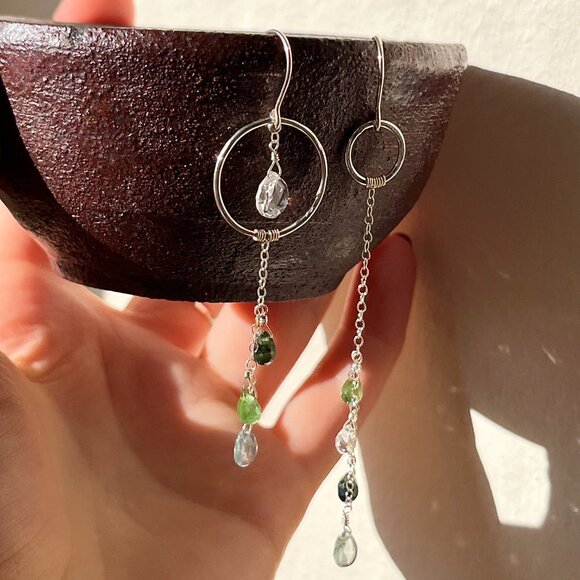 Sterling Silver Asymmetrical Tourmaline, Aquamarine and Quartz Drop Earrings - Picture 2 of 2